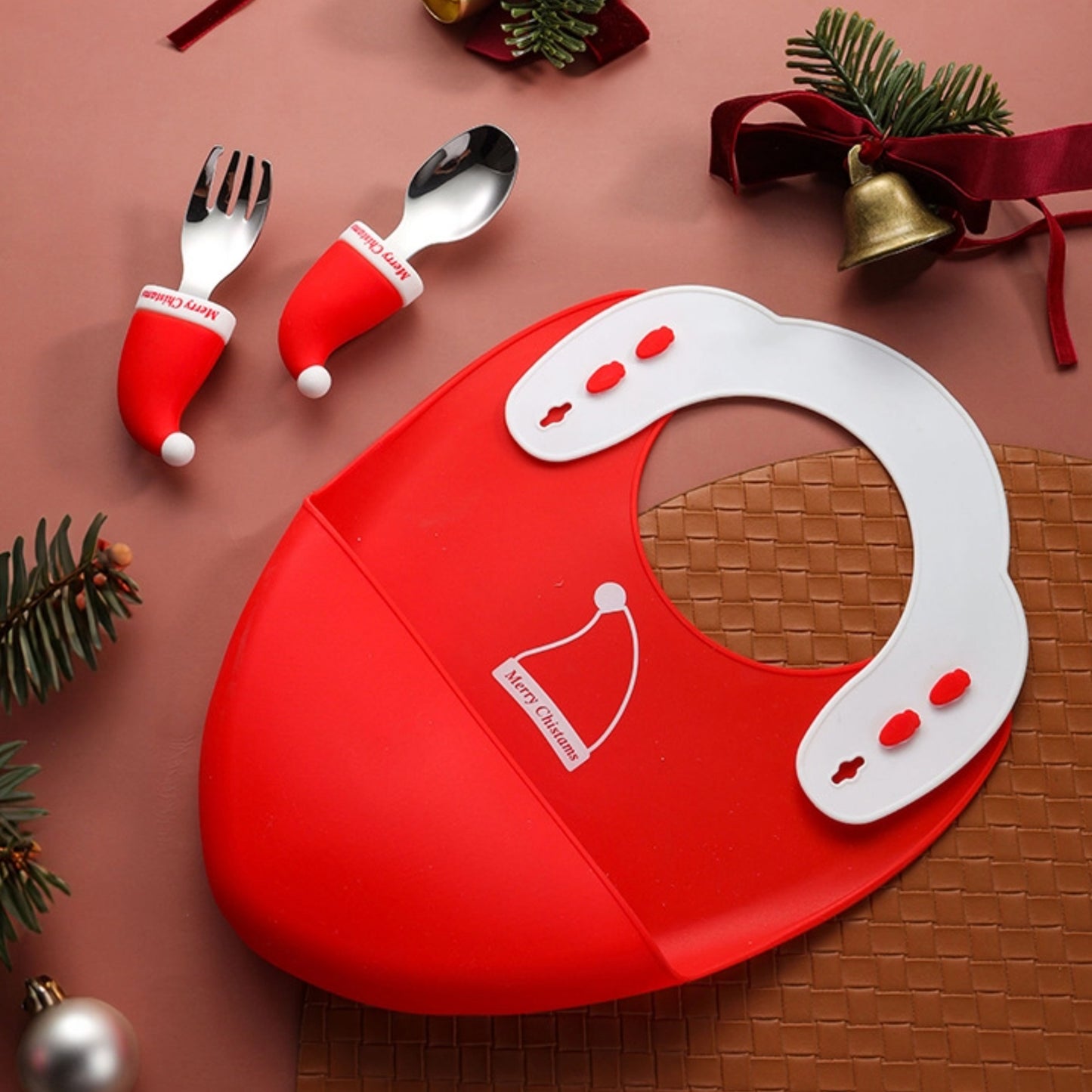 🎅【圣诞限定】儿童硅胶餐盘套装 | 圣诞帽造型分格餐具 + 安全叉勺 | 宝宝辅食礼物 | 食品级防摔耐高温