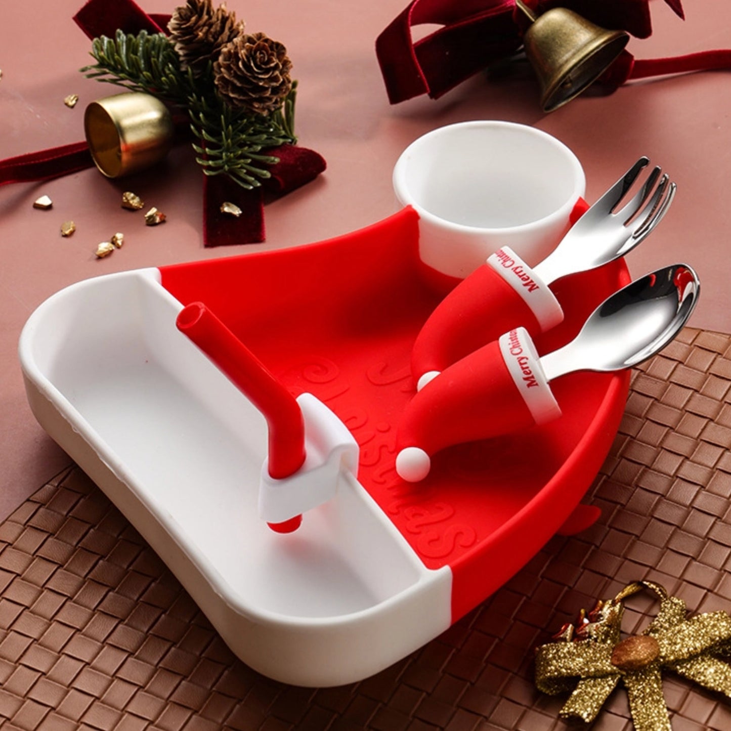 🎅【圣诞限定】儿童硅胶餐盘套装 | 圣诞帽造型分格餐具 + 安全叉勺 | 宝宝辅食礼物 | 食品级防摔耐高温