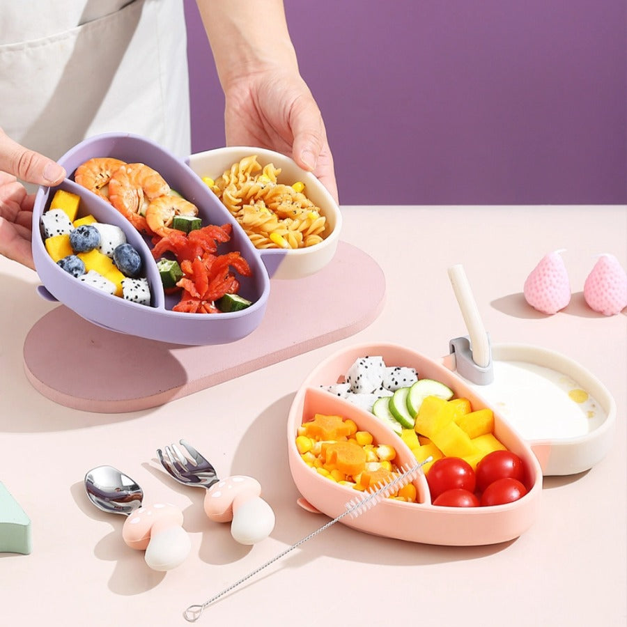 🍄【新款】蘑菇造型硅胶吸盘餐盘 | 食品级一体式分格辅食碗 | 防打翻宝宝餐具套装 | 防摔耐高温易清洗