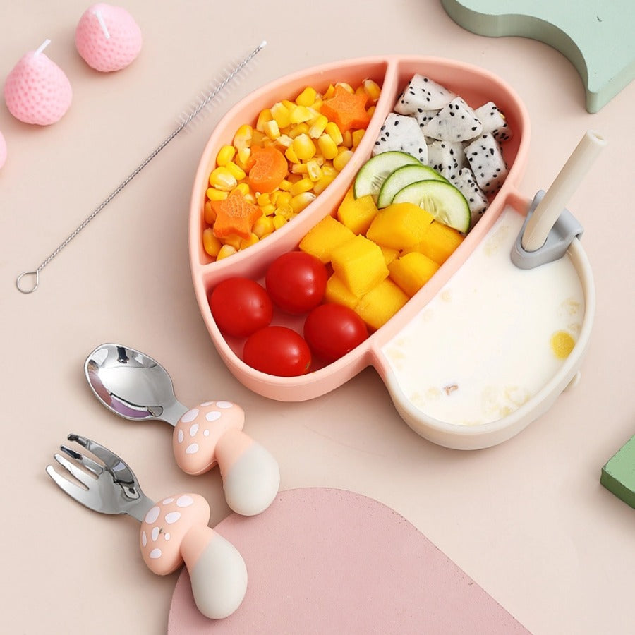 🍄【新款】蘑菇造型硅胶吸盘餐盘 | 食品级一体式分格辅食碗 | 防打翻宝宝餐具套装 | 防摔耐高温易清洗