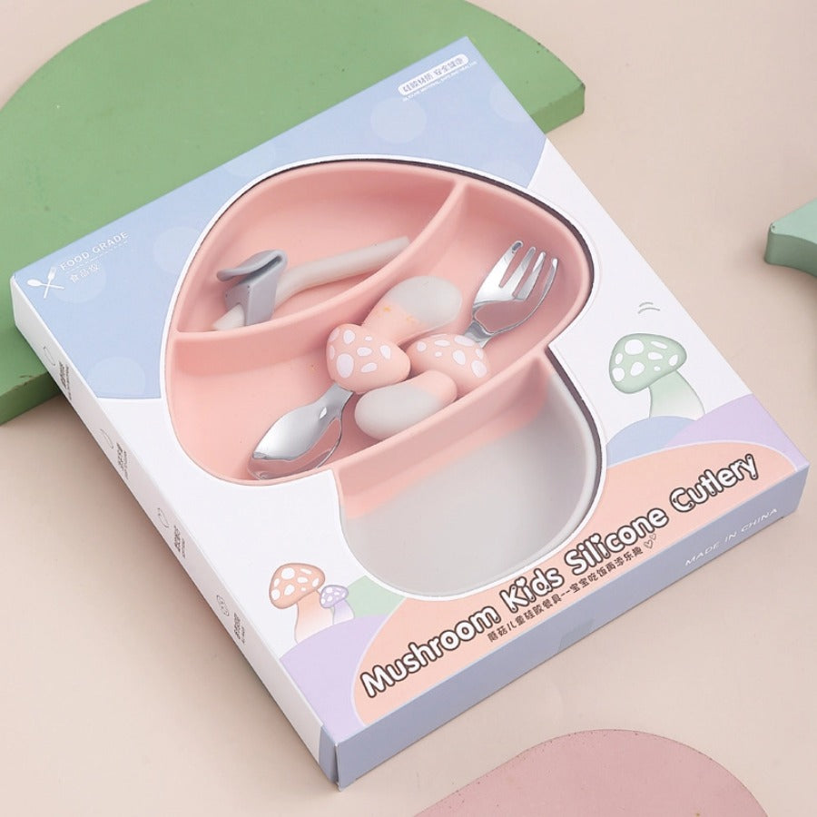 🍄【新款】蘑菇造型硅胶吸盘餐盘 | 食品级一体式分格辅食碗 | 防打翻宝宝餐具套装 | 防摔耐高温易清洗