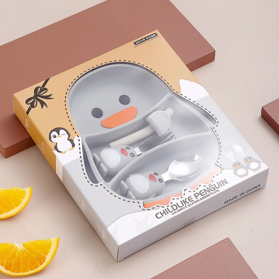 🐧【企鹅造型】儿童硅胶餐盘套装 | 一体式分格防打翻辅食碗 | 食品级宝宝餐具 | 耐高温易吸盘设计