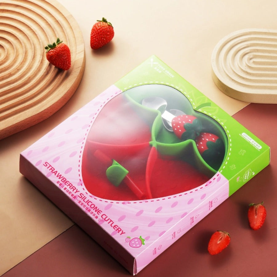 Cute Strawberry Baby Plate Set | 304 Stainless Steel Spoon & Fork | Non-Slip Suction Base | Red/Pink Colors | Mess-Free Toddler Tray