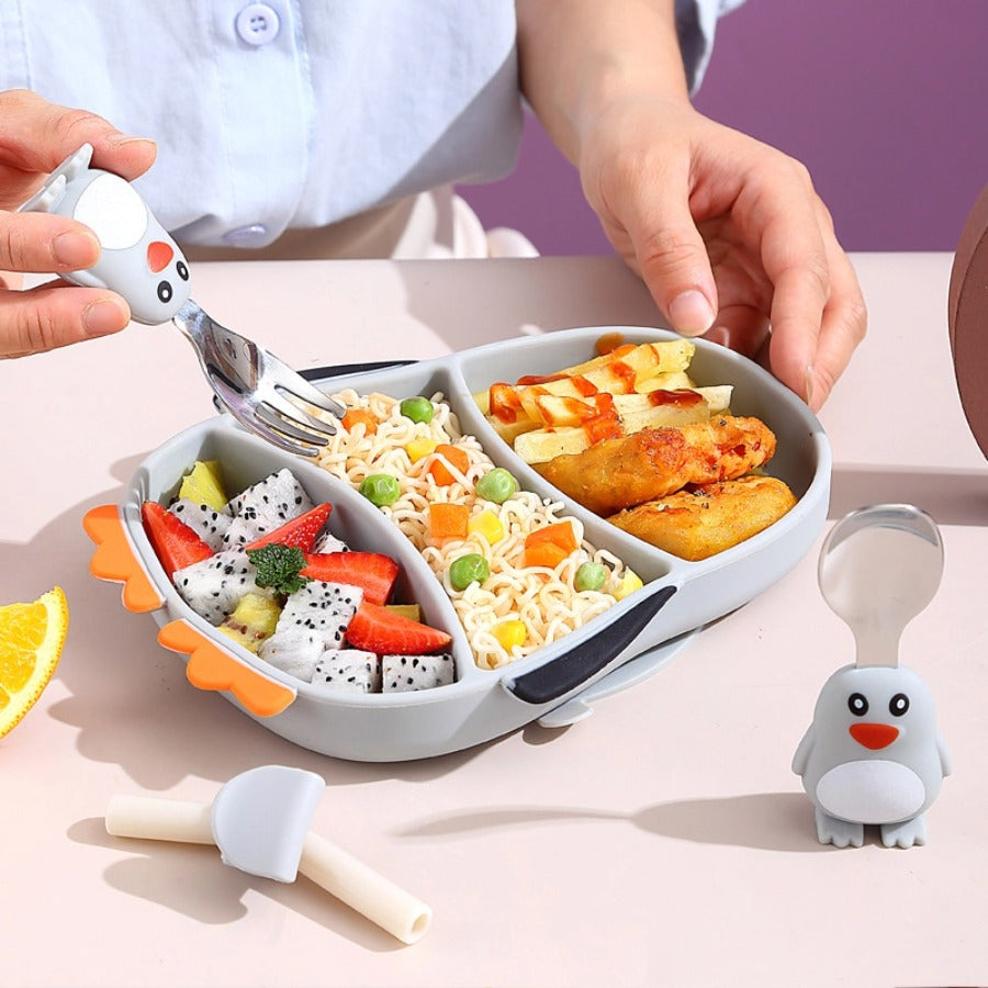 🐧【企鹅造型】儿童硅胶餐盘套装 | 一体式分格防打翻辅食碗 | 食品级宝宝餐具 | 耐高温易吸盘设计