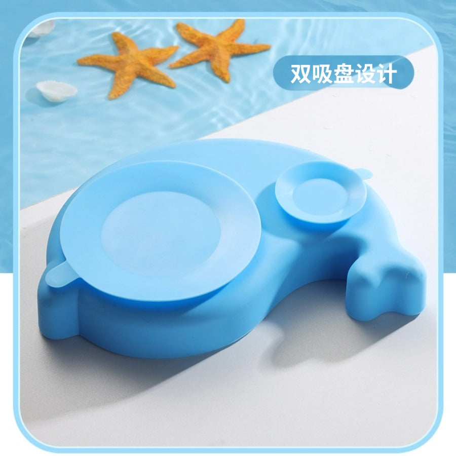 【新款】海豚造型儿童硅胶餐盘5件套 | 304不锈钢叉勺+防摔分格吸盘碗 | 食品级婴儿辅食喂养餐具套装 | 防滑易清洗耐高温
