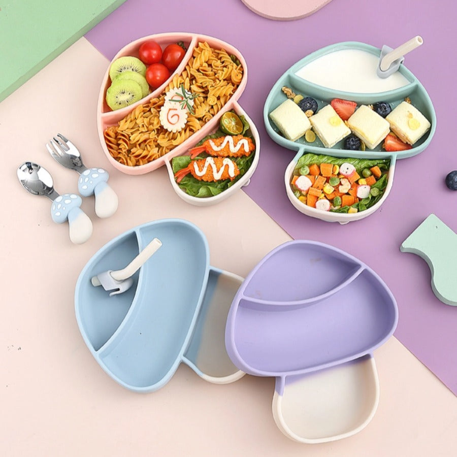 🍄【新款】蘑菇造型硅胶吸盘餐盘 | 食品级一体式分格辅食碗 | 防打翻宝宝餐具套装 | 防摔耐高温易清洗