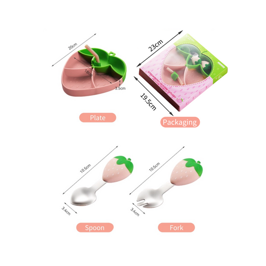 Cute Strawberry Baby Plate Set | 304 Stainless Steel Spoon & Fork | Non-Slip Suction Base | Red/Pink Colors | Mess-Free Toddler Tray