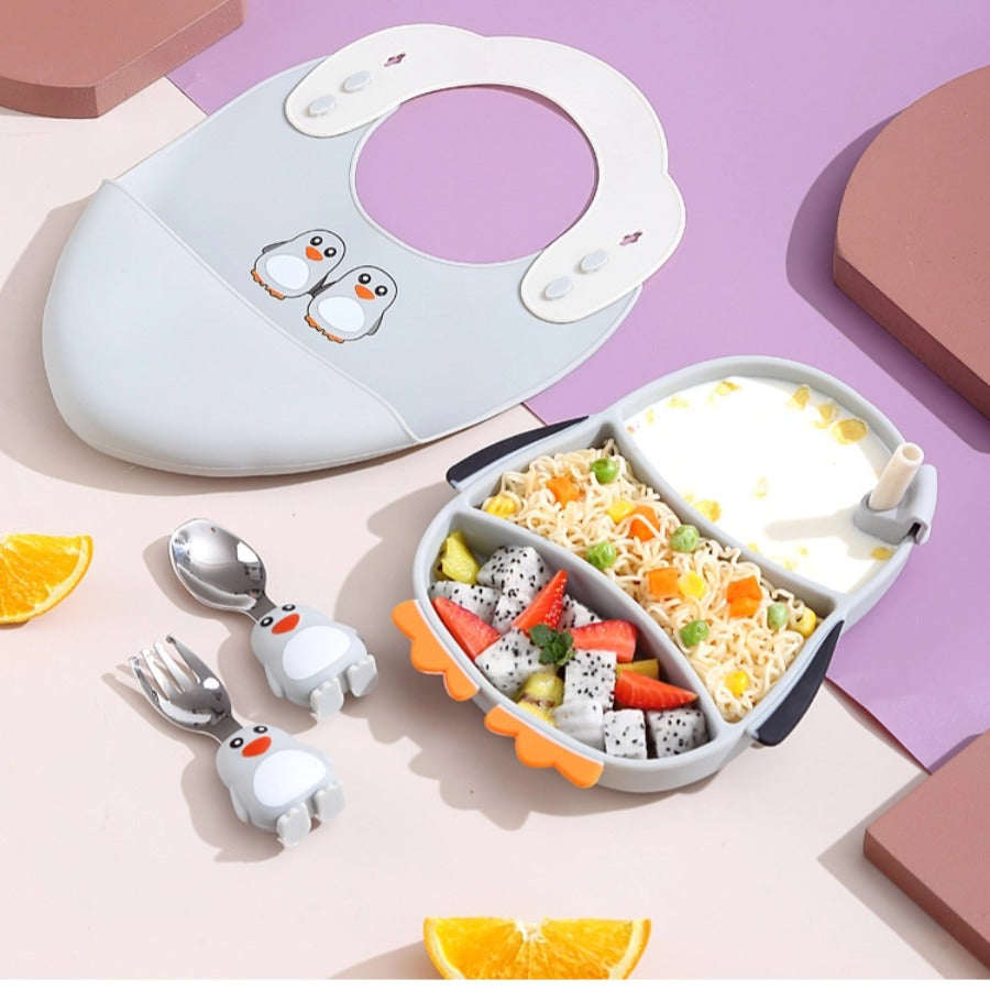 🐧【企鹅造型】儿童硅胶餐盘套装 | 一体式分格防打翻辅食碗 | 食品级宝宝餐具 | 耐高温易吸盘设计
