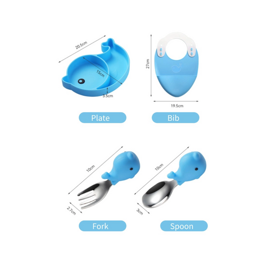Baby Feeding Set | Dolphin Silicone Plate | 6-Piece 304 Stainless Steel Fork Spoon | Waterproof Bib | Zipper Storage Bag