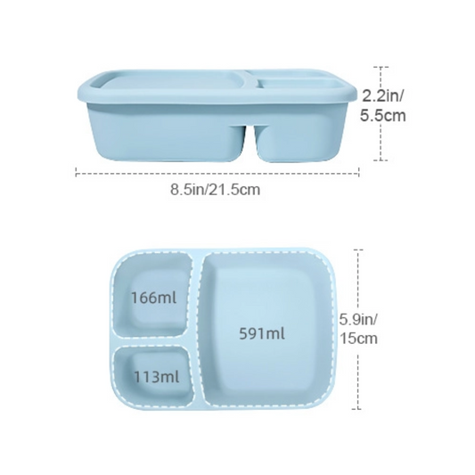 Food Grade Silicone Lunch Box | Microwave Safe Bento Box | Portable 3-Compartment Container with Lid | Reusable Square Meal Box