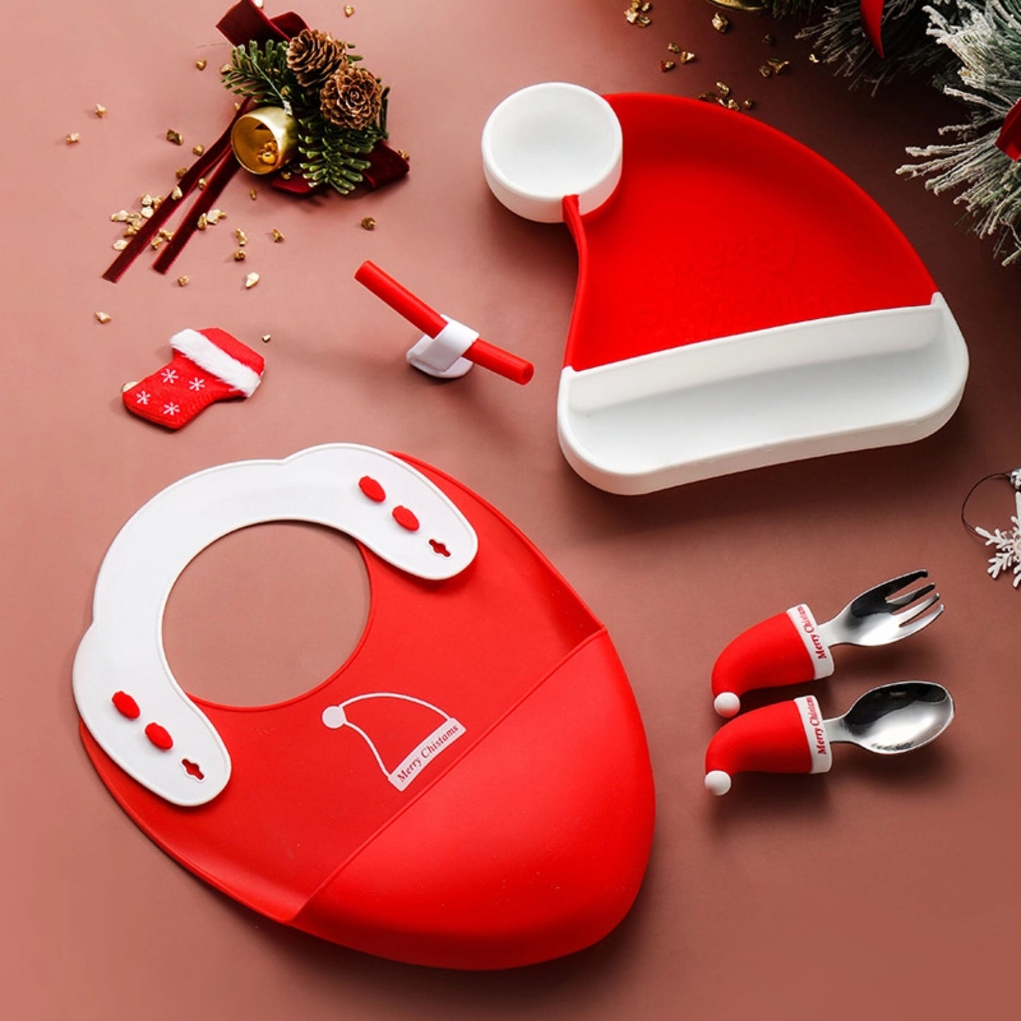🎅【圣诞限定】儿童硅胶餐盘套装 | 圣诞帽造型分格餐具 + 安全叉勺 | 宝宝辅食礼物 | 食品级防摔耐高温