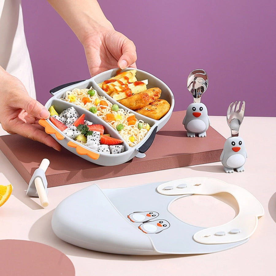 🐧【企鹅造型】儿童硅胶餐盘套装 | 一体式分格防打翻辅食碗 | 食品级宝宝餐具 | 耐高温易吸盘设计