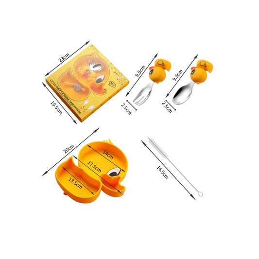 Cute Duck Silicone Baby Plate Set | Dual Suction Cup Non-Slip Design | Divided Anti-Spill Tray | Toddler Feeding Utensil Kit