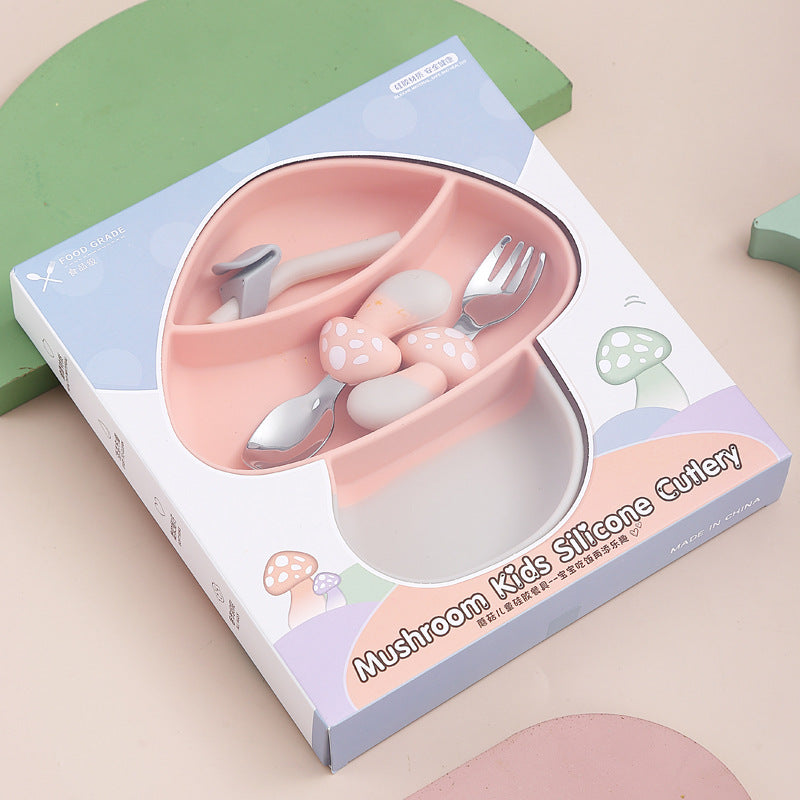 Whimsical Mushroom Feeding Set | 304 Stainless Steel Utensils | 4 Pastel Colors (Purple/Blue/Green/Pink) | Dual Suction Cups | All-in-One Baby Plate