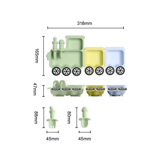 Train Silicone Baby Feeding Plate | Cartoon Divided Suction Plate with Fork and Spoon | Heat Resistant Tableware | Microwave Safe Toddler Dish Set