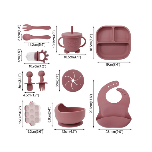 Baby Silicone Feeding Set | 13-Piece Food-Grade Tableware Kit | Non-Slip Suction Bowl + Spoon + Plate | Waterproof Bib Included | BPA-Free & Dishwasher Safe