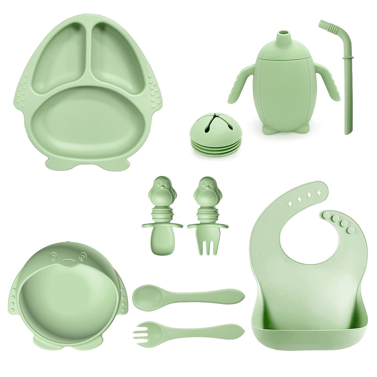 New Silicone Baby Feeding Set | 10pcs Penguin Silicone Tableware for Kids | Baby Suction Bowl & Spoon Set | BPA Free Toddler Dinnerware