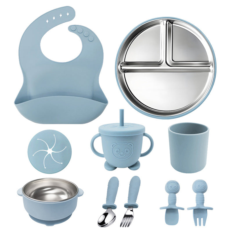 304 Stainless Steel Kids Tableware Set | 10-Piece Baby Feeding Bowl & Plate Combo | Durable Child-Safe Dishware | Includes Bib & Utensils | BPA-Free Non-Slip Base