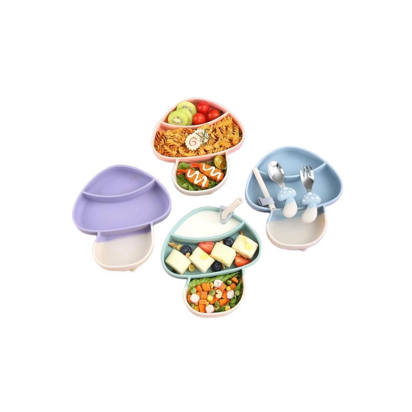 Whimsical Mushroom Feeding Set | 304 Stainless Steel Utensils | 4 Pastel Colors (Purple/Blue/Green/Pink) | Dual Suction Cups | All-in-One Baby Plate