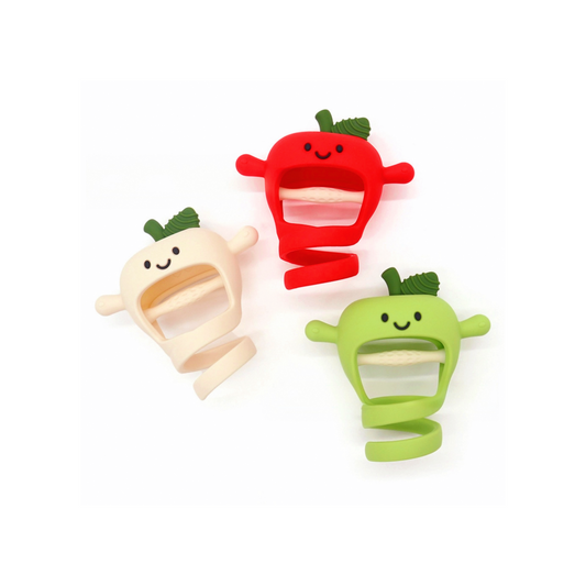 Baby teething mittens | FDA-grade silicone | Gum massage textures | Red/Green/Yellow apple | Thumb sucking solution