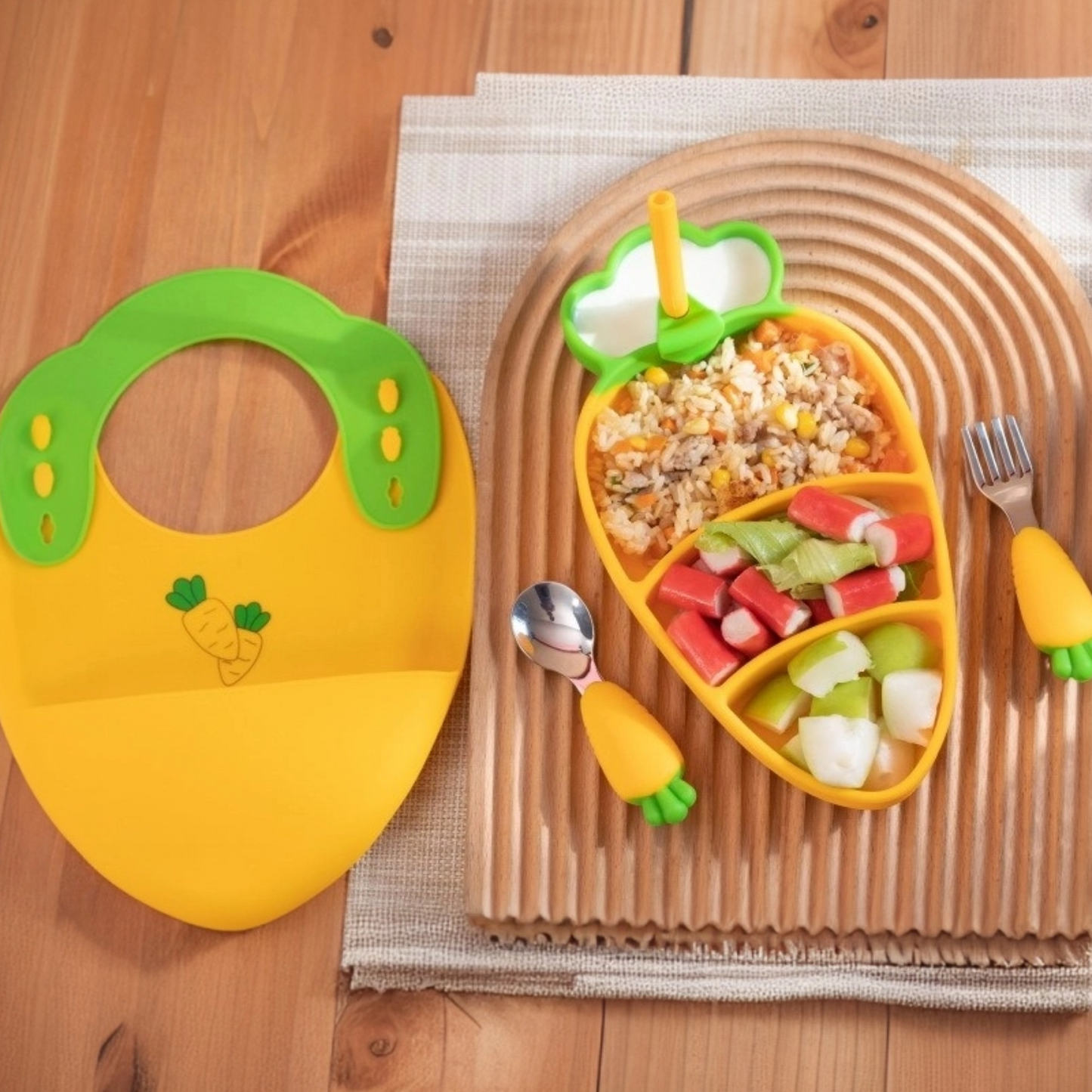 Baby Feeding Set | Carrot Silicone Plate with Suction | Stainless Steel Fork Spoon | Waterproof Bib | Zipper Travel Bag | Toddler Self-Feeding