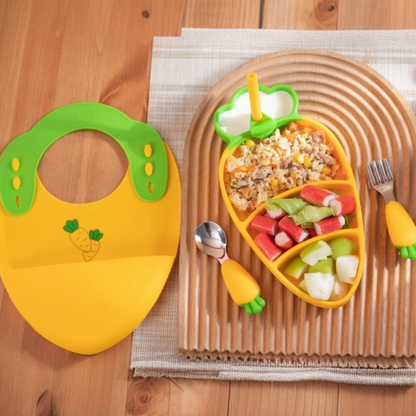 Silicone Baby Feeding Set | Carrot Suction Plate with Bib & Cutlery