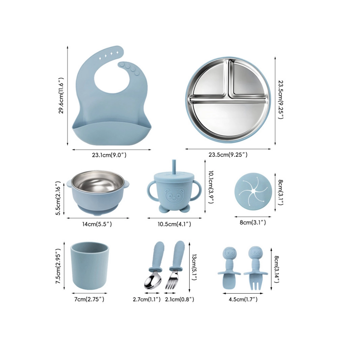 304 Stainless Steel Kids Tableware Set | 10-Piece Baby Feeding Bowl & Plate Combo | Durable Child-Safe Dishware | Includes Bib & Utensils | BPA-Free Non-Slip Base
