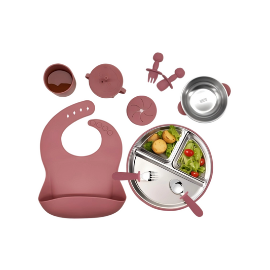 304 Stainless Steel Kids Tableware Set | 10-Piece Baby Feeding Bowl & Plate Combo | Durable Child-Safe Dishware | Includes Bib & Utensils | BPA-Free Non-Slip Base