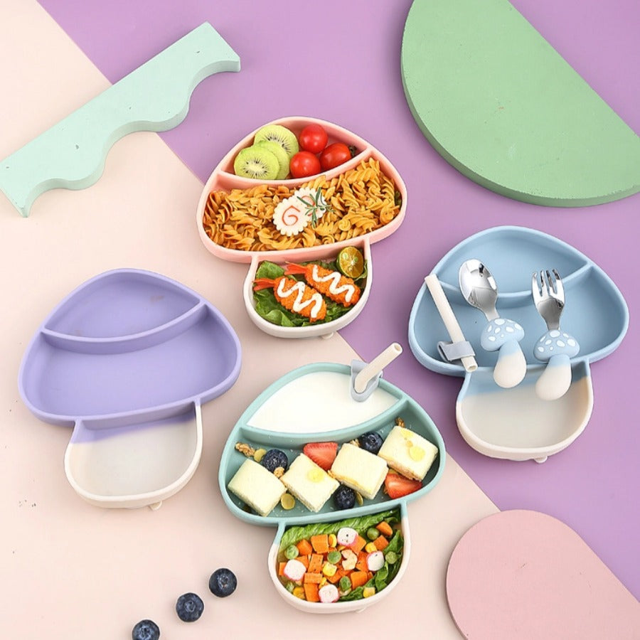 🍄【新款】蘑菇造型硅胶吸盘餐盘 | 食品级一体式分格辅食碗 | 防打翻宝宝餐具套装 | 防摔耐高温易清洗