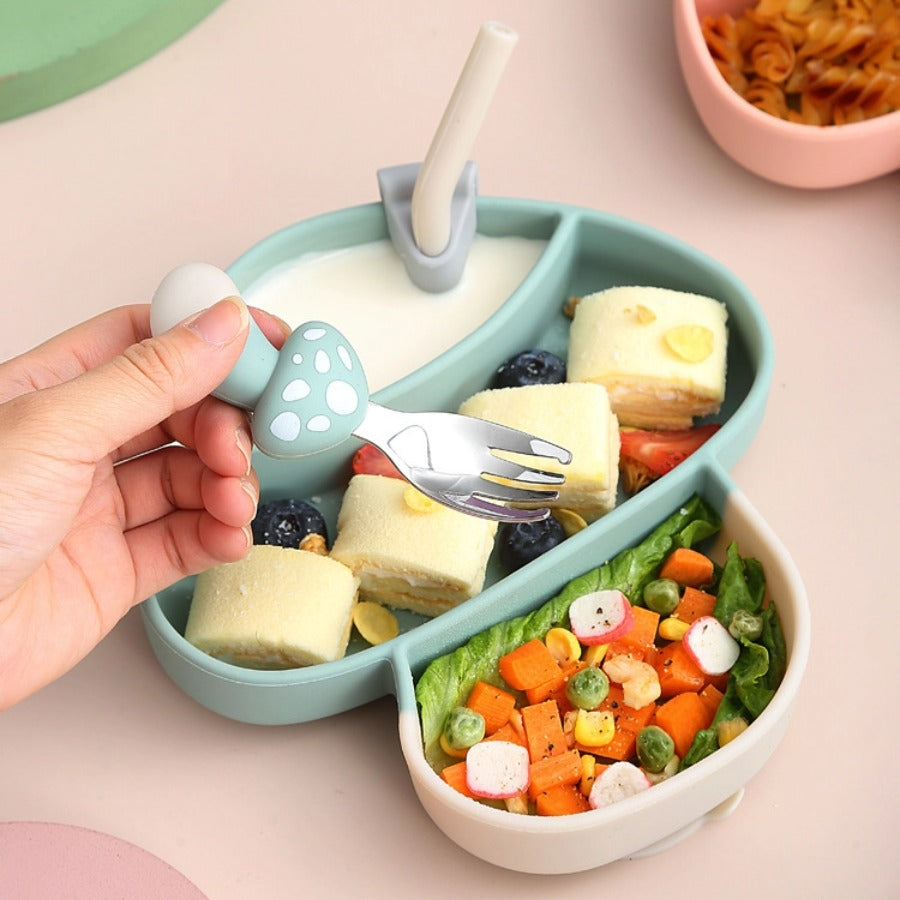 🍄【新款】蘑菇造型硅胶吸盘餐盘 | 食品级一体式分格辅食碗 | 防打翻宝宝餐具套装 | 防摔耐高温易清洗