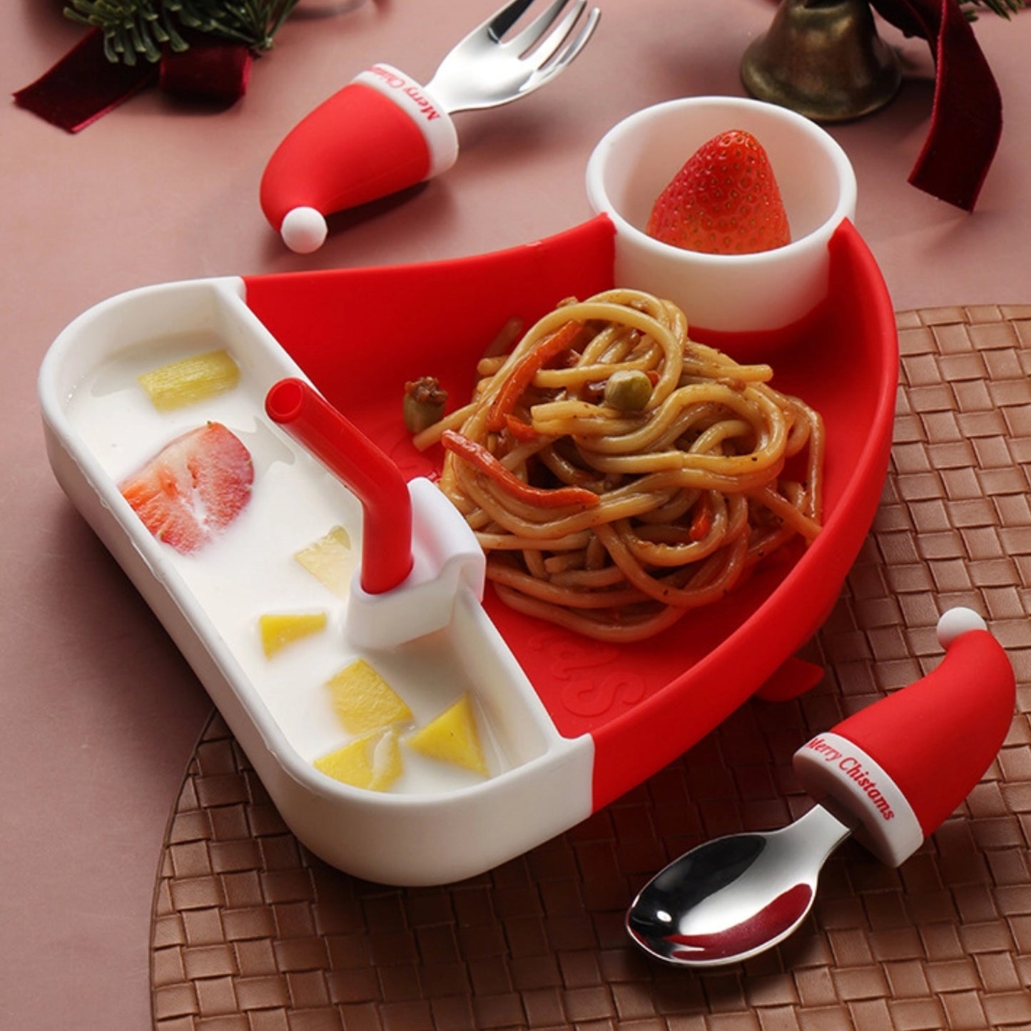 🎅【圣诞限定】儿童硅胶餐盘套装 | 圣诞帽造型分格餐具 + 安全叉勺 | 宝宝辅食礼物 | 食品级防摔耐高温