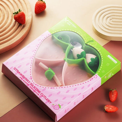 Silicone Baby Feeding Set | Strawberry Suction Plate with Stainless Steel Utensils