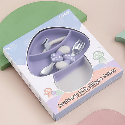 Silicone Baby Feeding Set | Mushroom Dual-Suction Plate with Stainless Steel Utensils