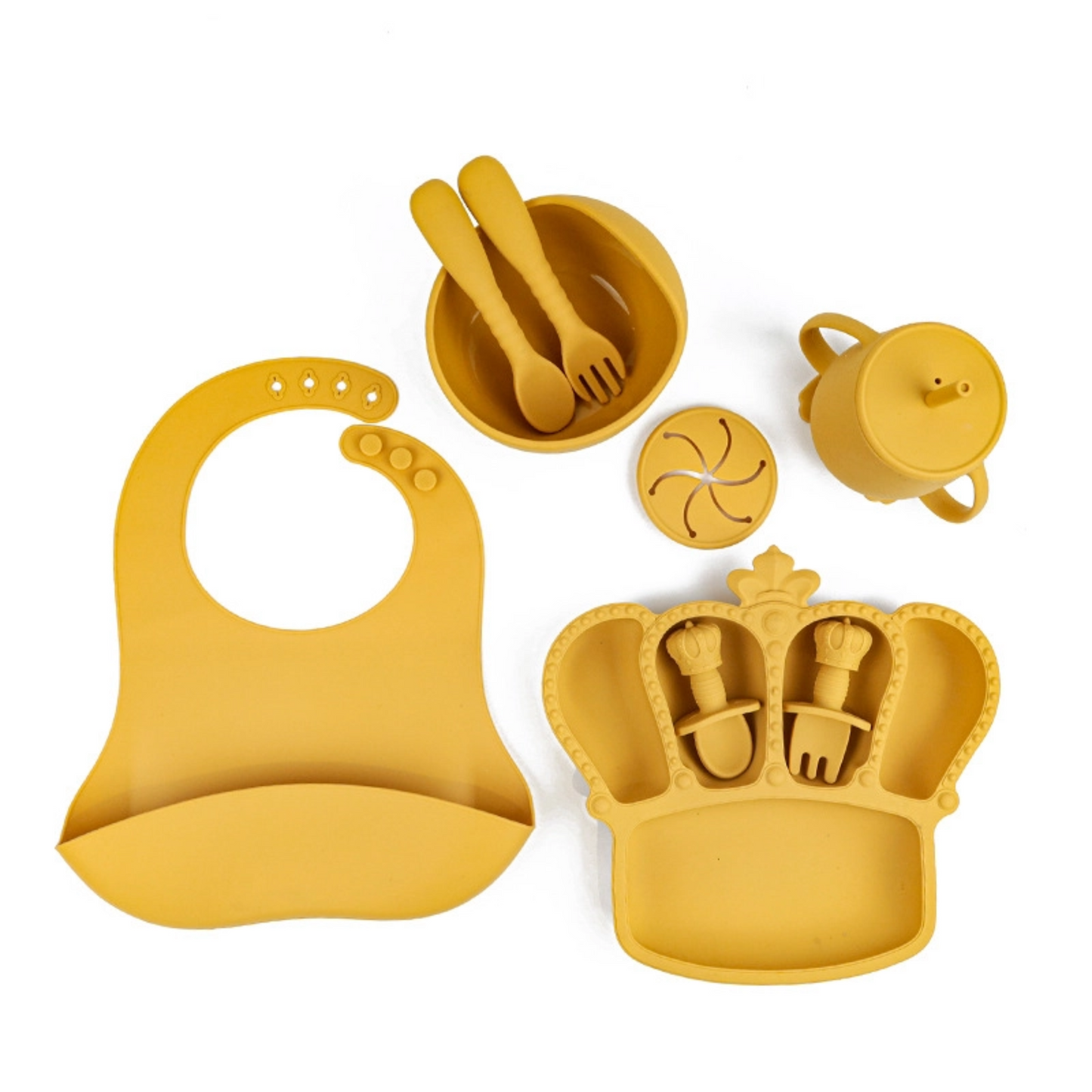 Crown Silicone Baby Feeding Set 9PCS | Lightweight Silicone Bib Bowl Spoon | Suction Divided Plate | Heat Resistant Soft Toddler Tableware