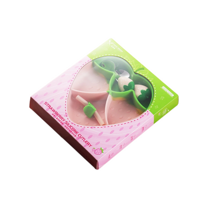 Silicone Baby Feeding Set | Strawberry Suction Plate with Stainless Steel Utensils