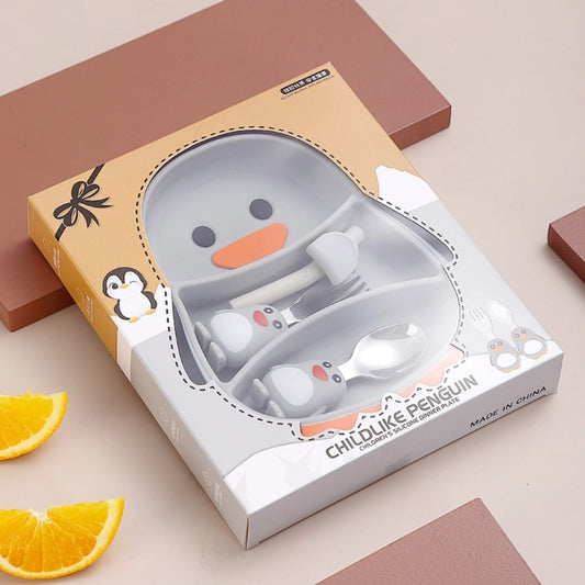 🐧【企鹅造型】儿童硅胶餐盘套装 | 一体式分格防打翻辅食碗 | 食品级宝宝餐具 | 耐高温易吸盘设计