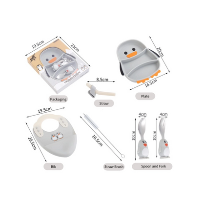Silicone Baby Feeding Set | Penguin Suction Divided Plate with Stainless Steel Utensils