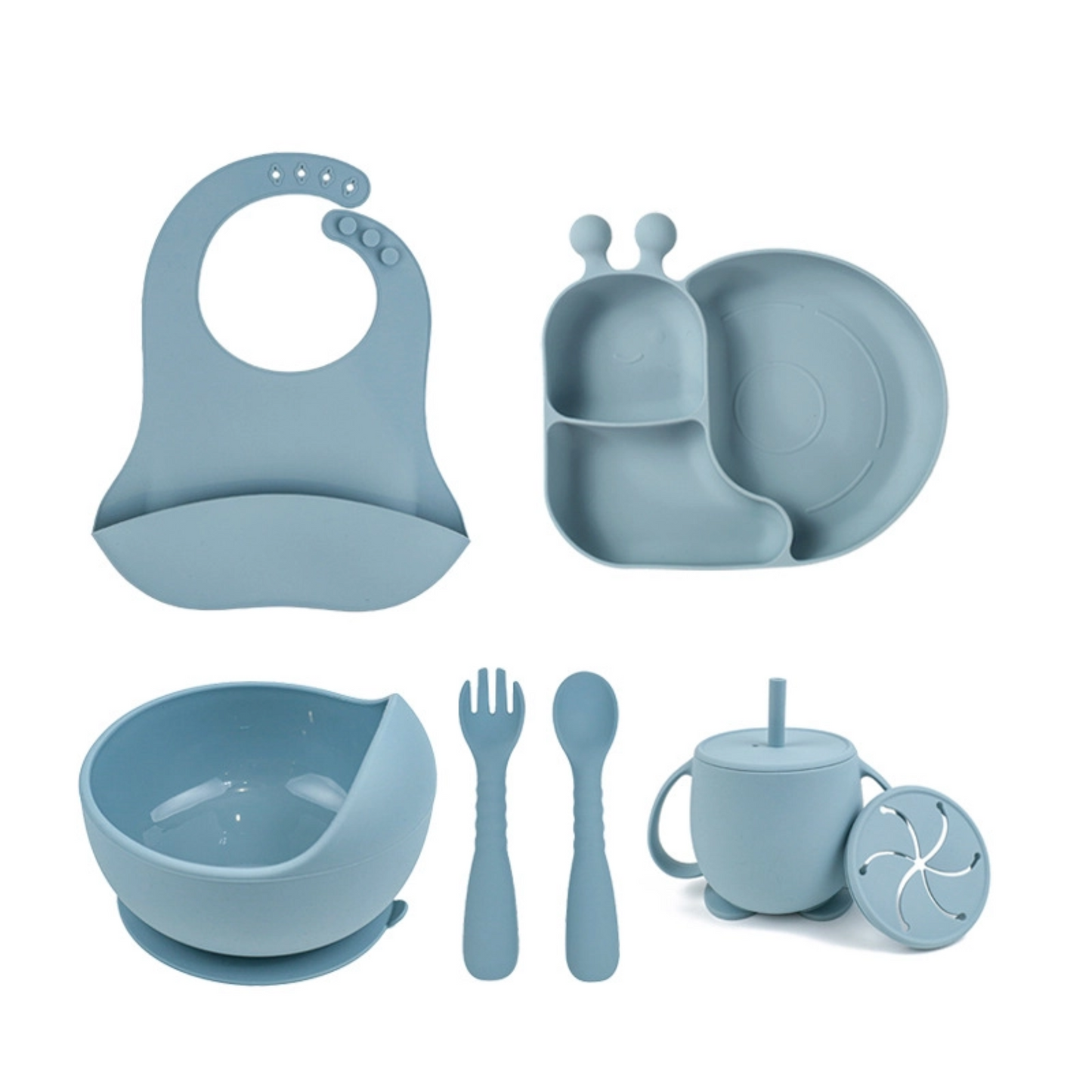 Silicone Snail Feeding Set | Baby Tableware 7PCS | BPA Free Non-slip Suction Bowl & Divided Plate | Toddler Self Feeding Dinnerware