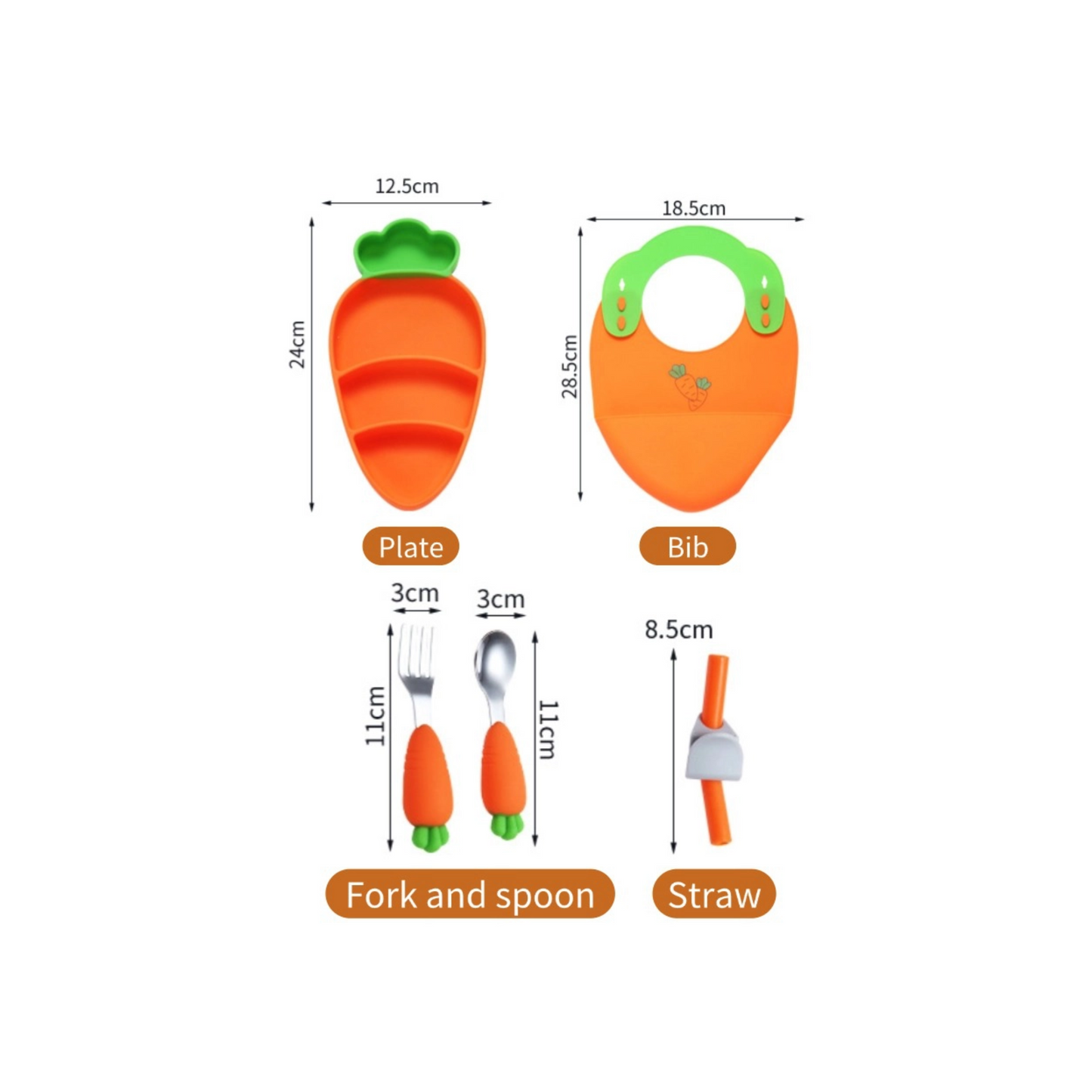 Baby Feeding Set | Carrot Silicone Plate with Suction | Stainless Steel Fork Spoon | Waterproof Bib | Zipper Travel Bag | Toddler Self-Feeding