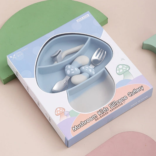 🍄【新款】蘑菇造型硅胶吸盘餐盘 | 食品级一体式分格辅食碗 | 防打翻宝宝餐具套装 | 防摔耐高温易清洗