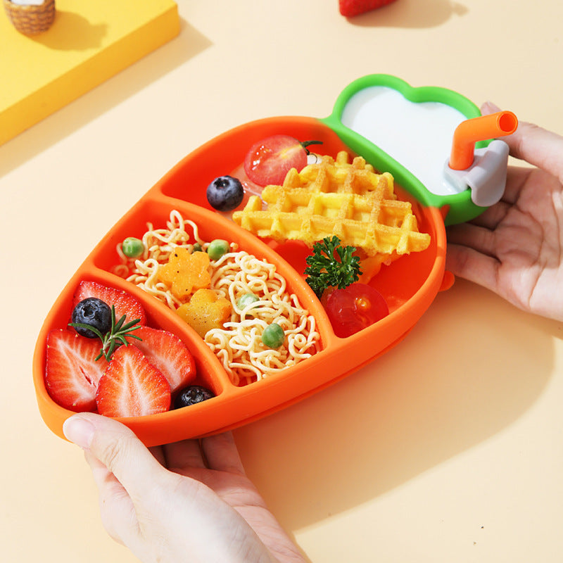 胡萝卜造型儿童硅胶餐盘套装 | 强力防摔吸盘碗+分格辅食碗+围兜+叉勺 | 食品级硅胶婴儿餐具 | 防滑防漏易清洗