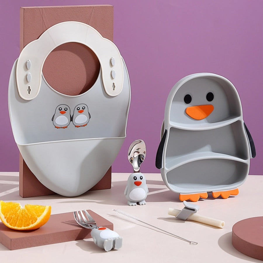🐧【企鹅造型】儿童硅胶餐盘套装 | 一体式分格防打翻辅食碗 | 食品级宝宝餐具 | 耐高温易吸盘设计