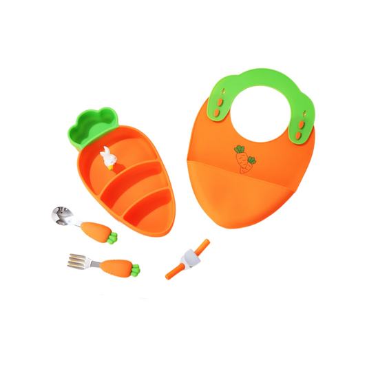 Baby Feeding Set | Carrot Silicone Plate with Suction | Stainless Steel Fork Spoon | Waterproof Bib | Zipper Travel Bag | Toddler Self-Feeding