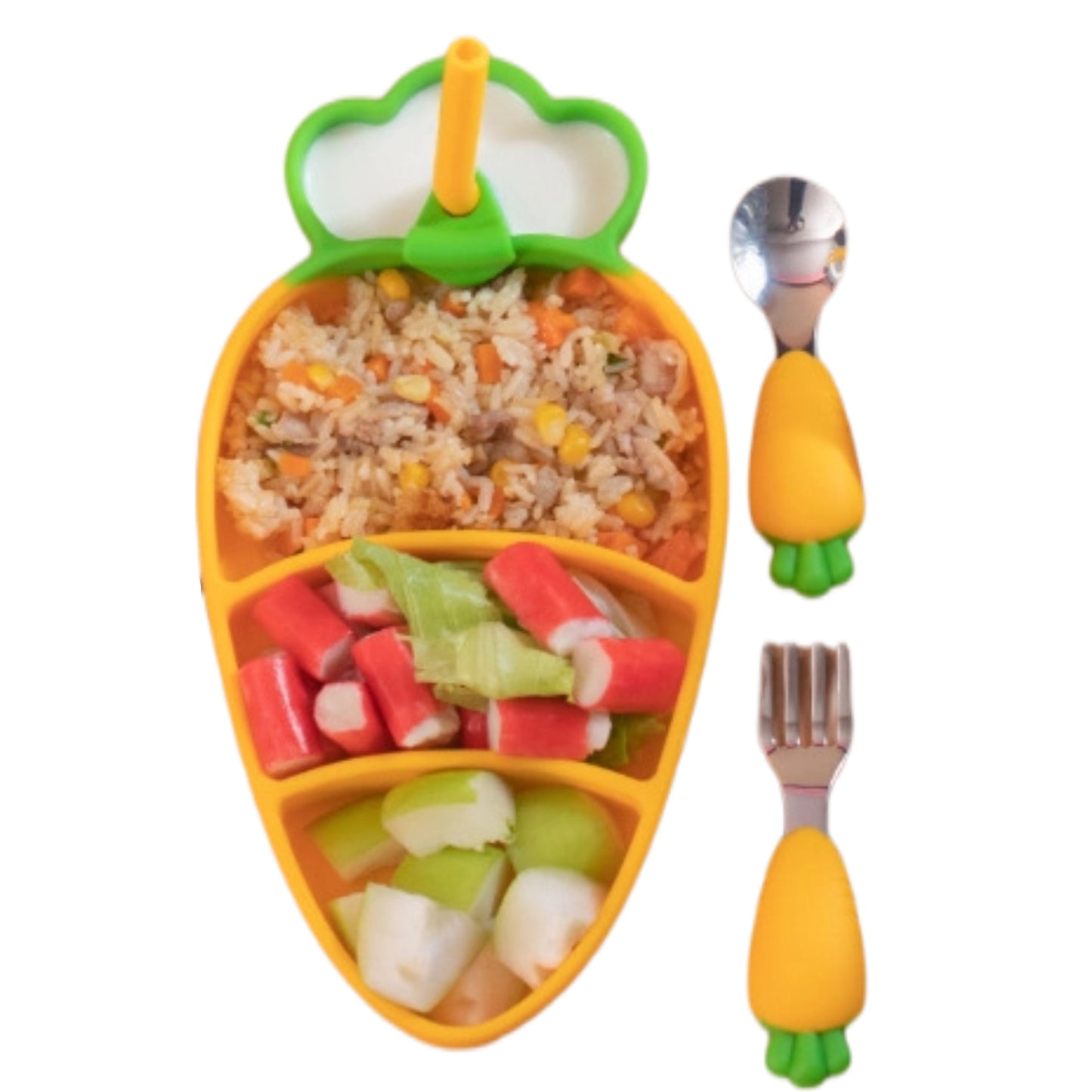 Carrot-Shaped Feeding Set | BPA-Free Silicone Plates & Stainless Forks | 4 Fun Colors | Extra-Strong Suction Cups | Mess-Free Toddler Dish