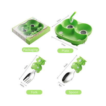 Silicone Baby Feeding Set | Frog Suction Plate with Stainless Steel Utensils