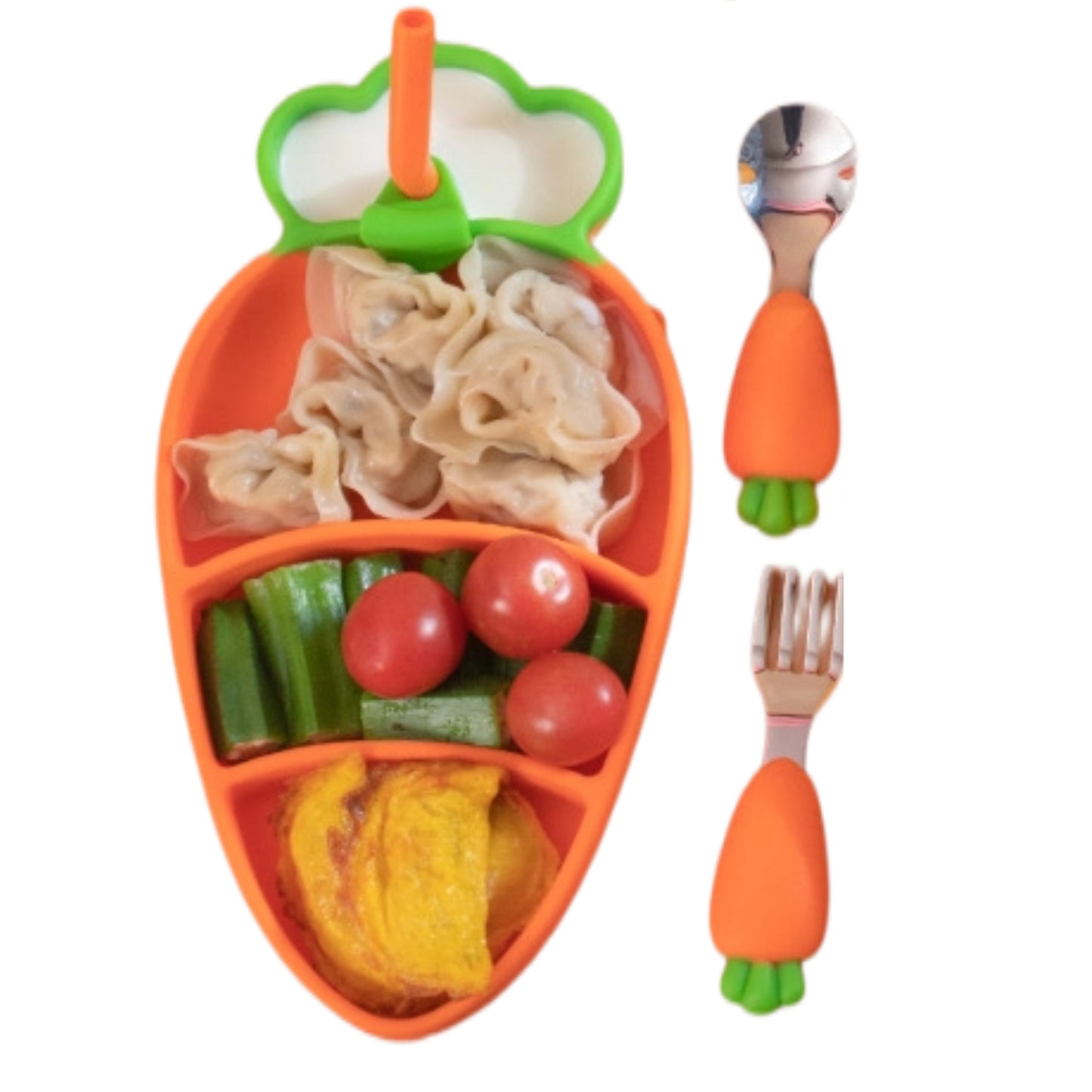 Carrot-Shaped Feeding Set | BPA-Free Silicone Plates & Stainless Forks | 4 Fun Colors | Extra-Strong Suction Cups | Mess-Free Toddler Dish