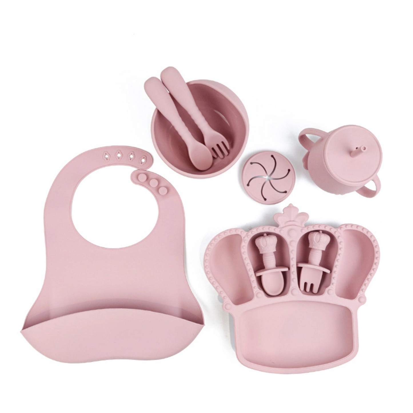 Crown Silicone Baby Feeding Set 9PCS | Lightweight Silicone Bib Bowl Spoon | Suction Divided Plate | Heat Resistant Soft Toddler Tableware