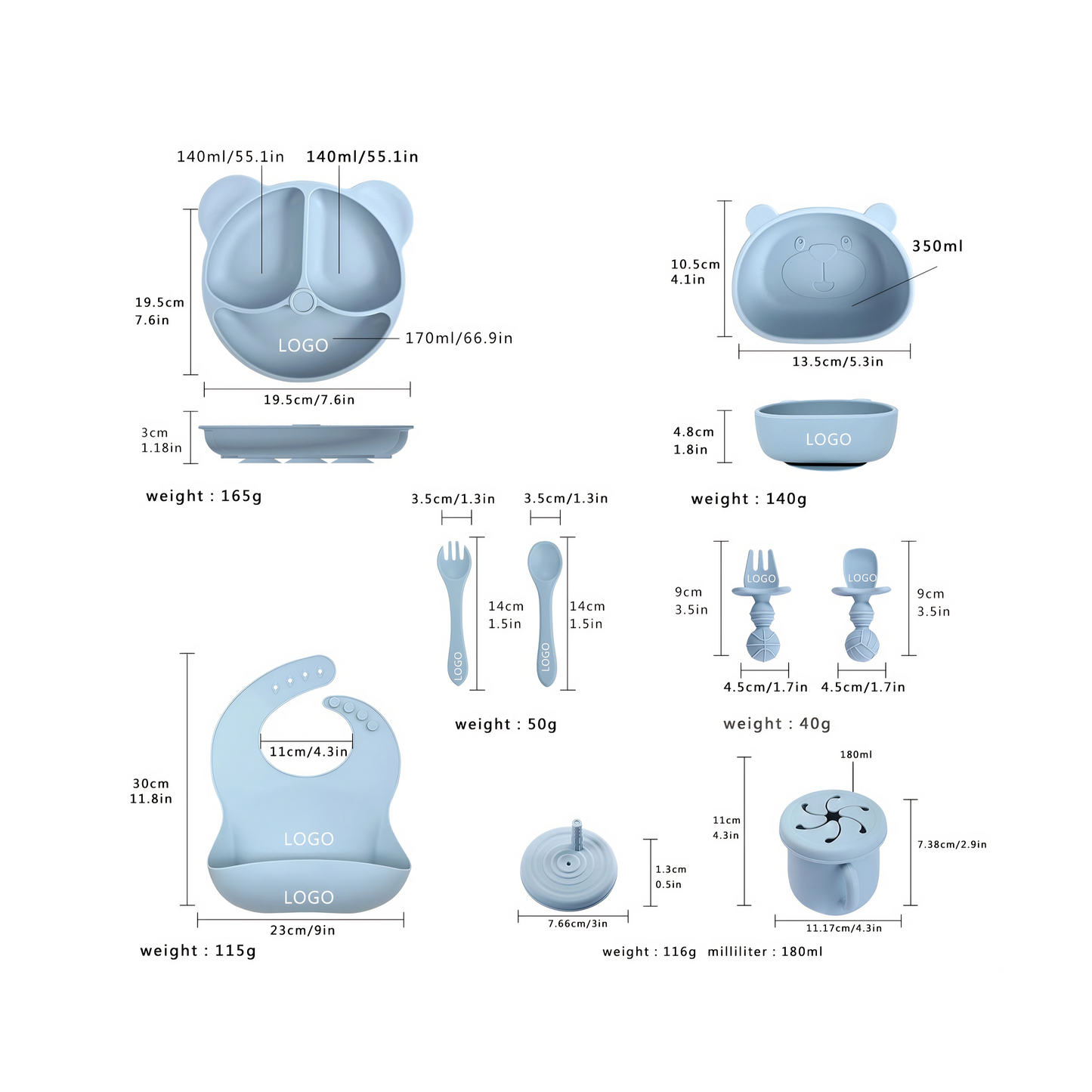 Complete baby feeding set | Bear shape plate | Suction bowl for toddlers | Teething safe utensils | Baby led weaning starter kit | 8-Piece Silicone Baby Set