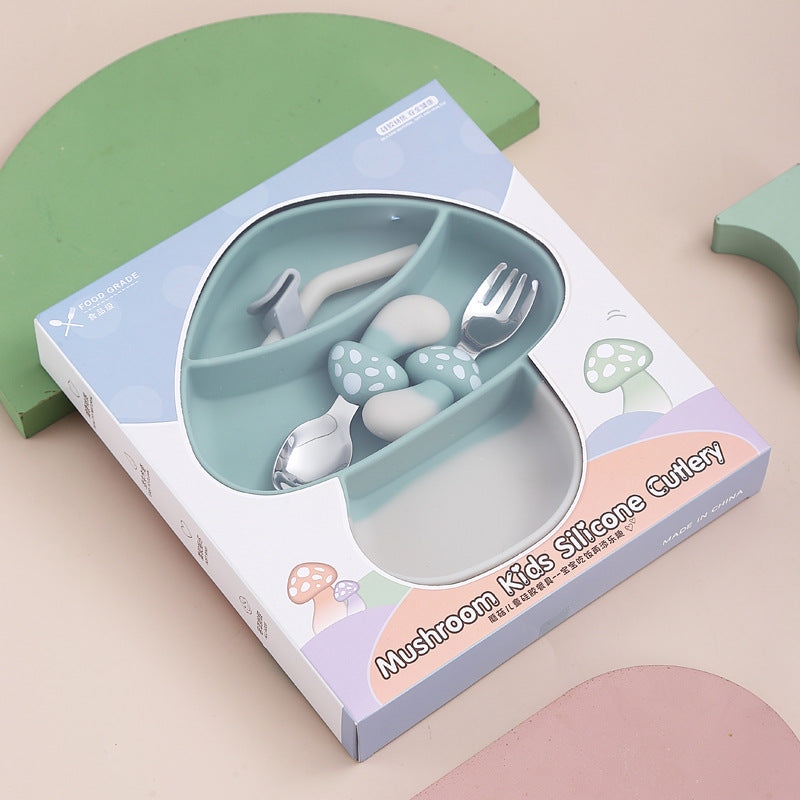 Whimsical Mushroom Feeding Set | 304 Stainless Steel Utensils | 4 Pastel Colors (Purple/Blue/Green/Pink) | Dual Suction Cups | All-in-One Baby Plate