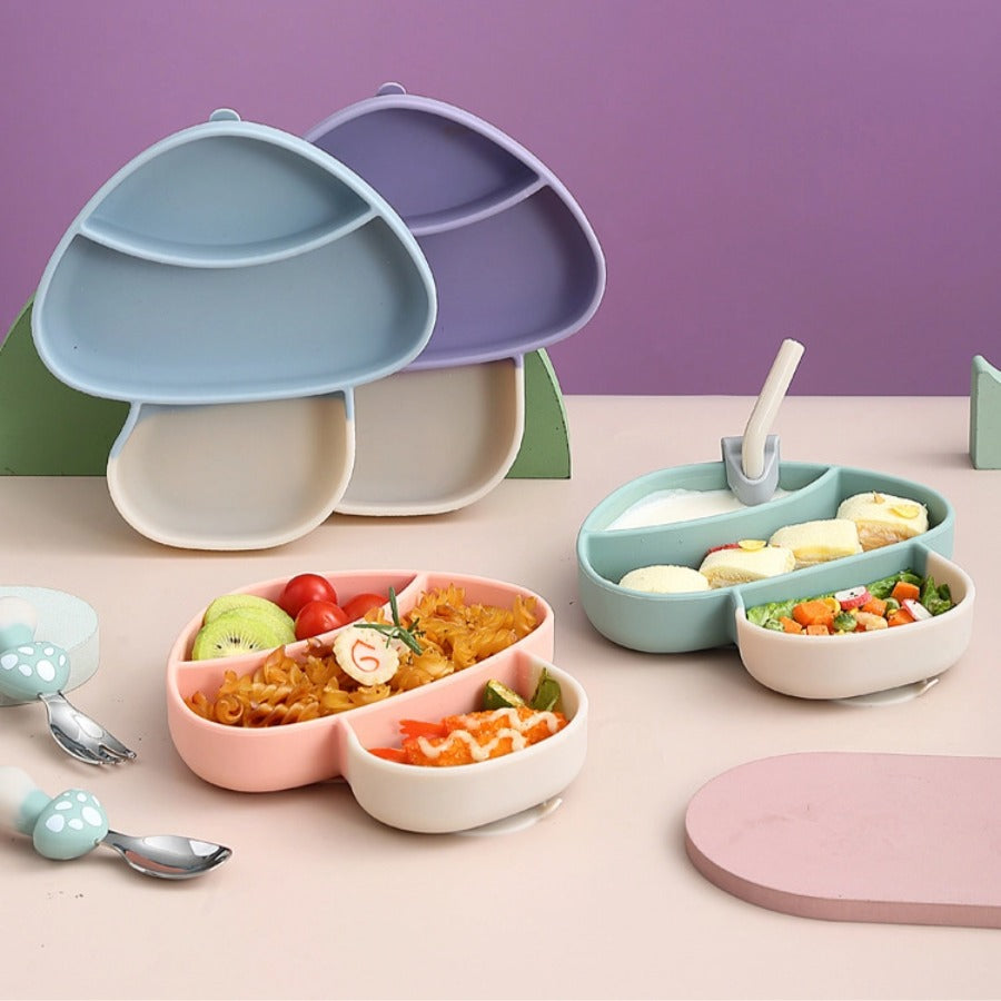 🍄【新款】蘑菇造型硅胶吸盘餐盘 | 食品级一体式分格辅食碗 | 防打翻宝宝餐具套装 | 防摔耐高温易清洗